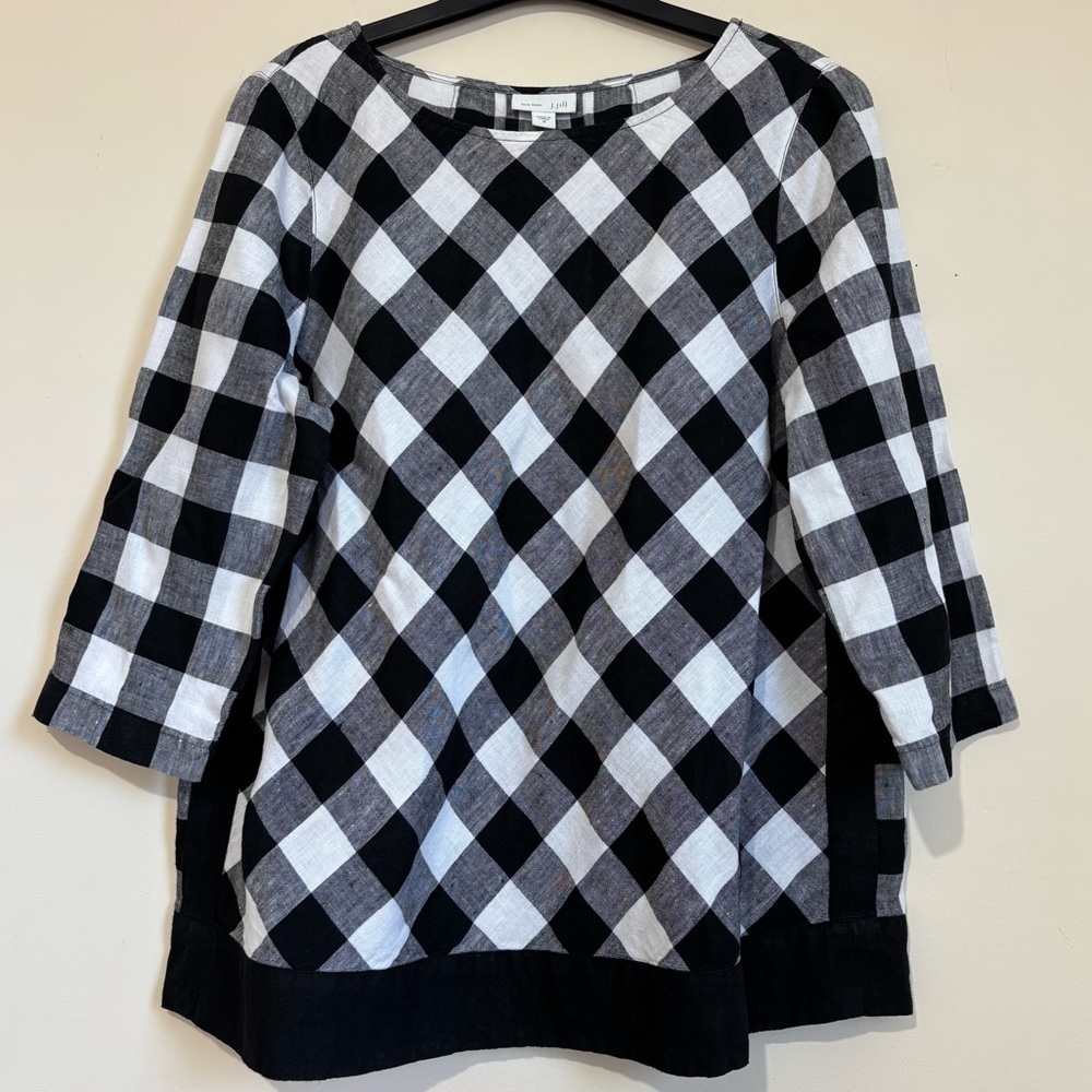 J Jill Slouchy Linen Black White Buffalo Plaid 3/4 sleeve lagenlook blouse Sz M